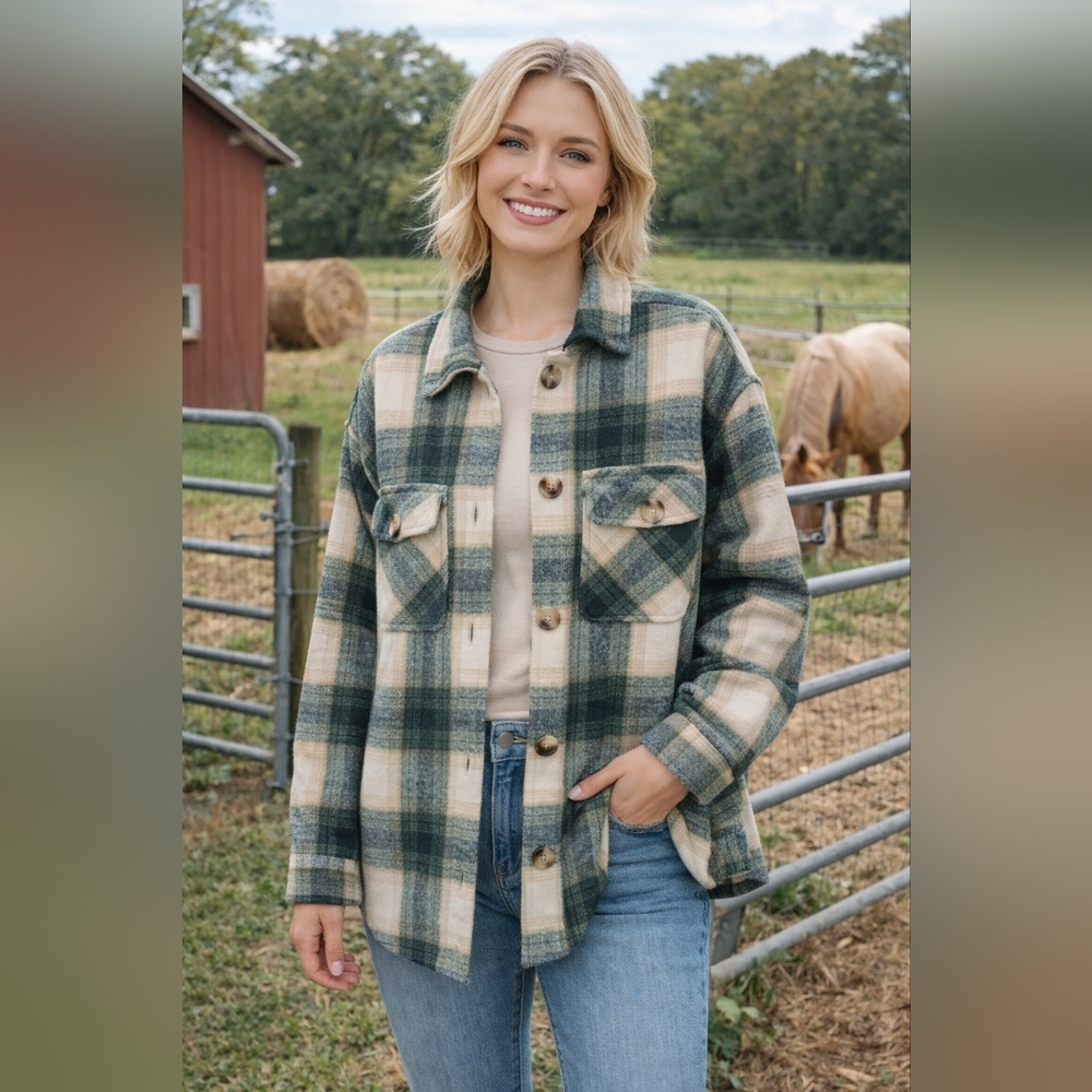 Streetwear Society Green and Cream Plaid Utility Layering Shacket/Jacket